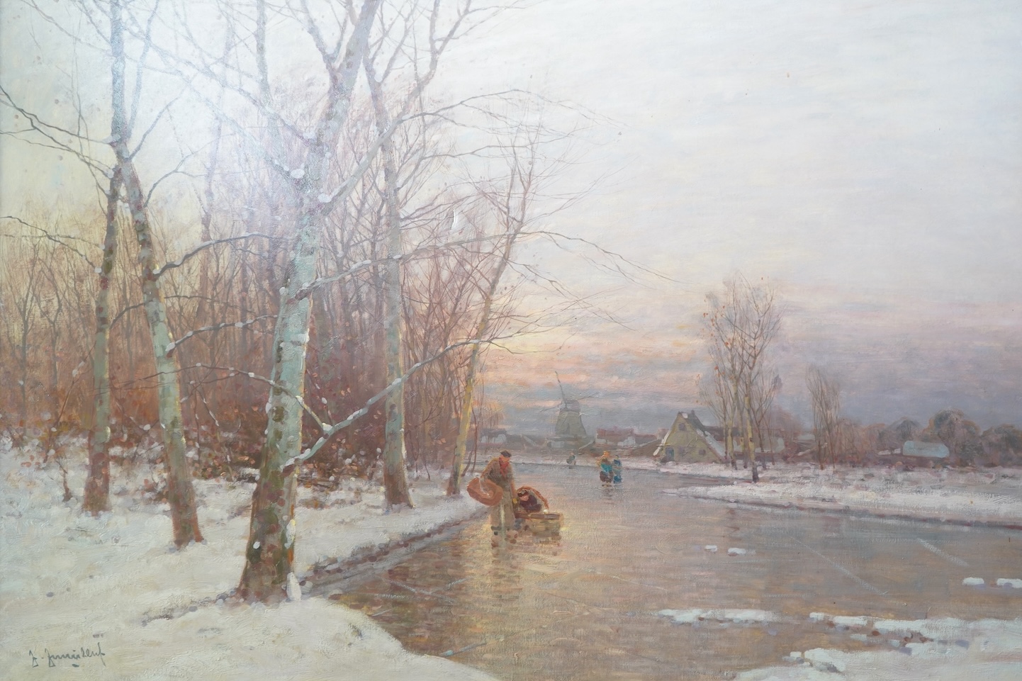 Johann Jungblut, German 1860-1912, Snowy riverscape with figures skating